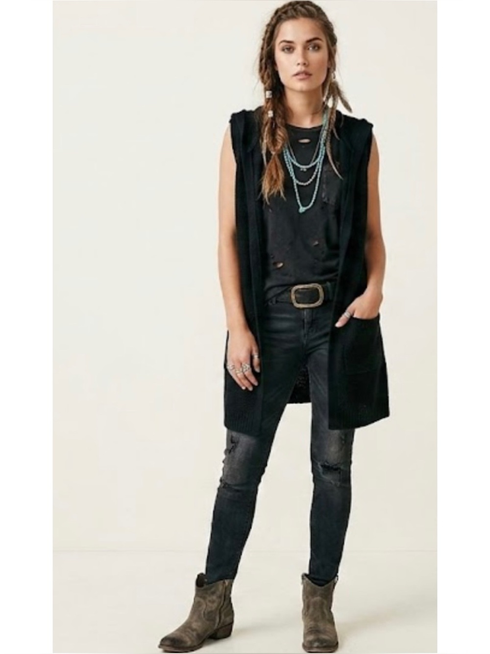Cyrus Soft Knit Long Sleeveless Hooded Cardigan Pockets
